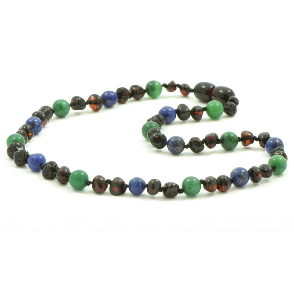 Dark Cherry Amber African Jade and Lapis Lazuli Mix Necklace